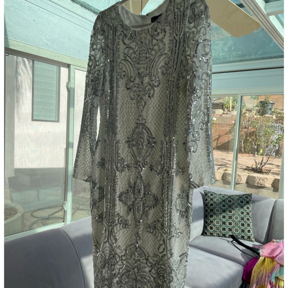 White w/ Silver Beaded Short Dress Size 16 Betsy Adam